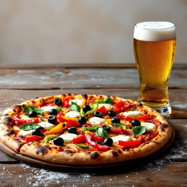 Wise Guys Downtown Italian pizza with olives, peppers, mozzarella, basil, and a beer on a wooden table.